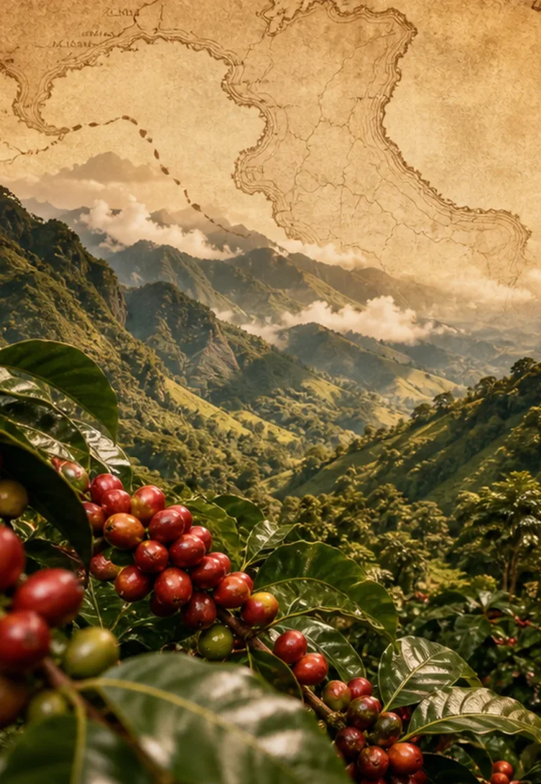 Colombia became a coffee country later: Colombian coffee mountains with cherries and a parchment map mood