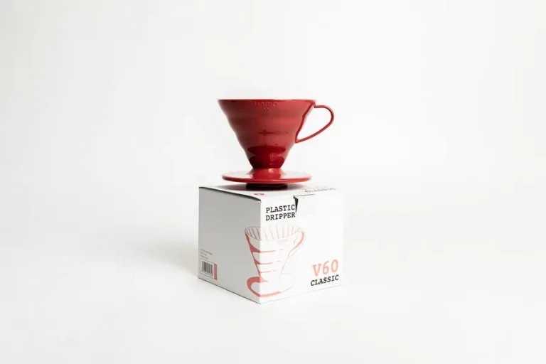 Red Hario V60 02 VD-02R plastic dripper on its product box
