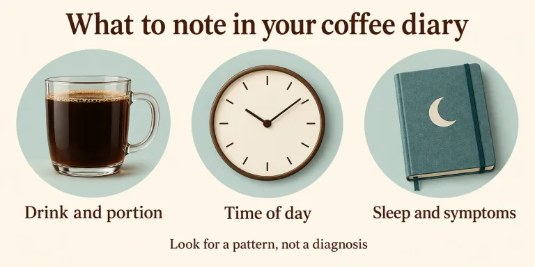 AI illustration of a coffee diary recording drink and portion, time of day, and sleep and symptoms
