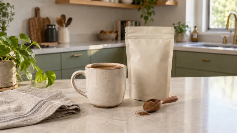 AI illustration of a coffee-like drink, plain pouch and powdered mix on a modern kitchen counter.