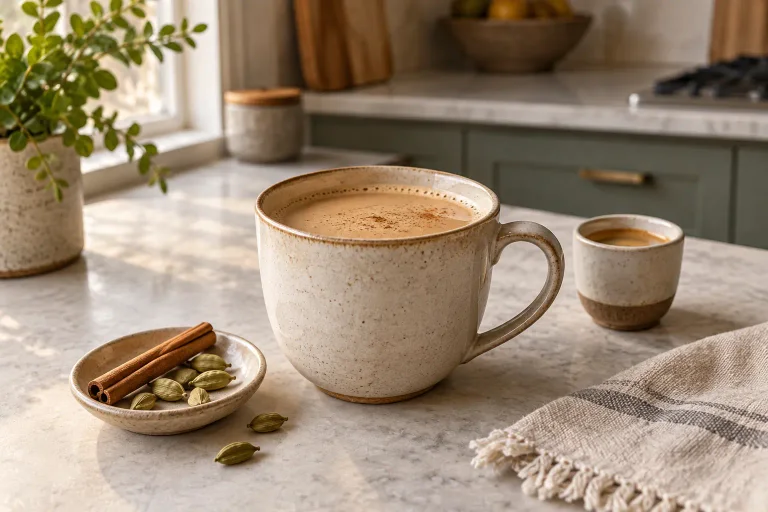 A hot dirty chai latte beside an espresso cup and a dish of cinnamon and cardamom