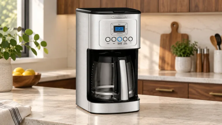 Cuisinart DCC-3200 in its DCC-3200 stainless/black 14-cup glass-carafe original control panel configuration on a stone counter in a modern kitchen
