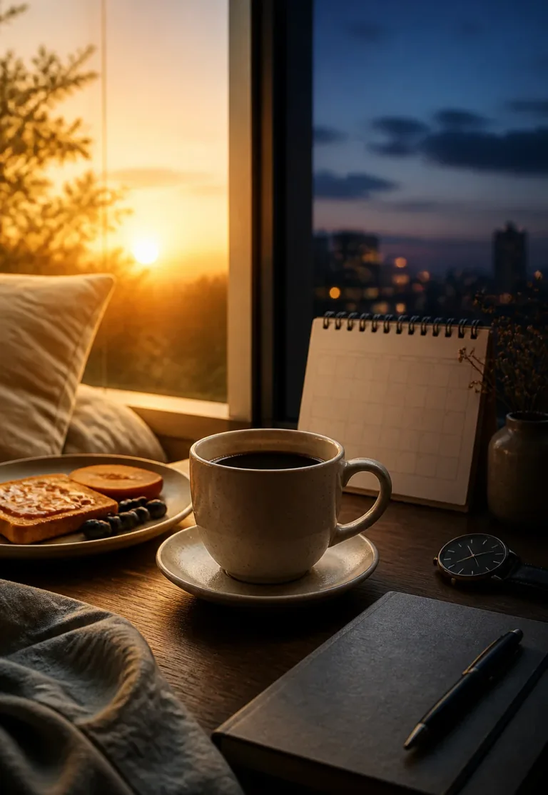 Coffee timing matters: Coffee timing scene with sunrise and dusk window, breakfast plate, cup, blank calendar, watch, notebook, and pillow