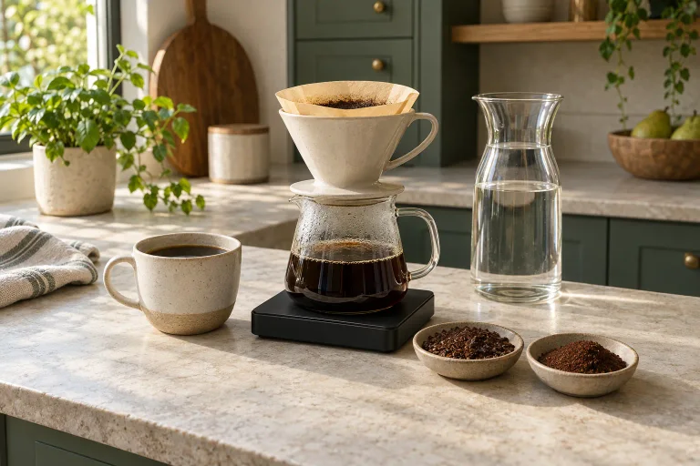 Pour-over brewer, coffee scale, water and two grind samples on a home kitchen counter