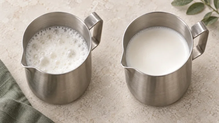 AI illustration comparing large uneven milk bubbles on the left with smooth fine microfoam on the right