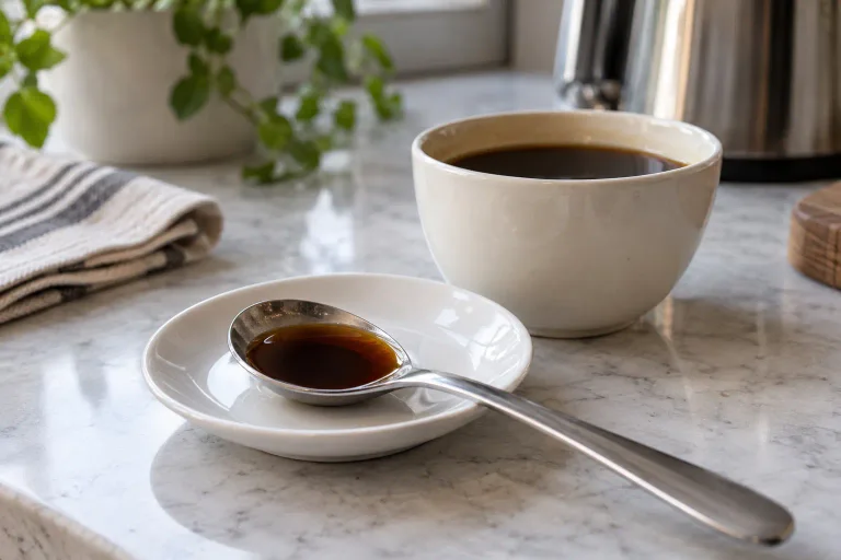 A shallow coffee-tasting spoon beside a small bowl of brewed coffee