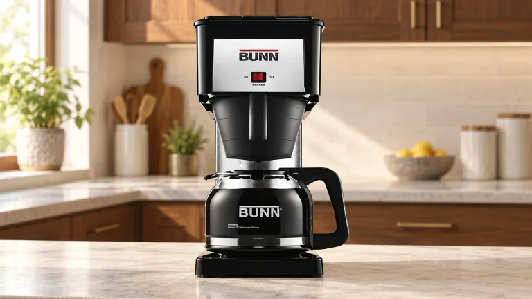 BUNN BX Velocity Brew in its Legacy BX-B Velocity Brew black with old BUNN block logo and glass carafe configuration on a stone counter in a modern kitchen