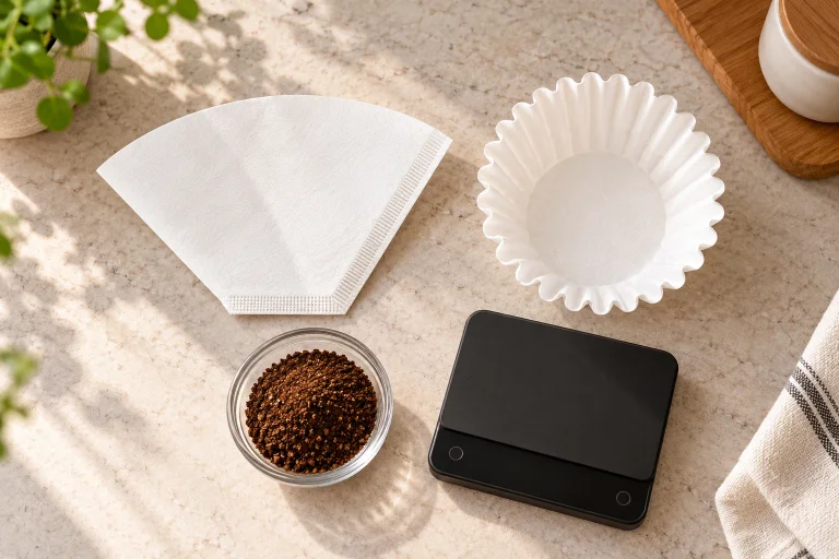 Wedge-shaped and flat-bottom paper filters beside ground coffee and a kitchen scale
