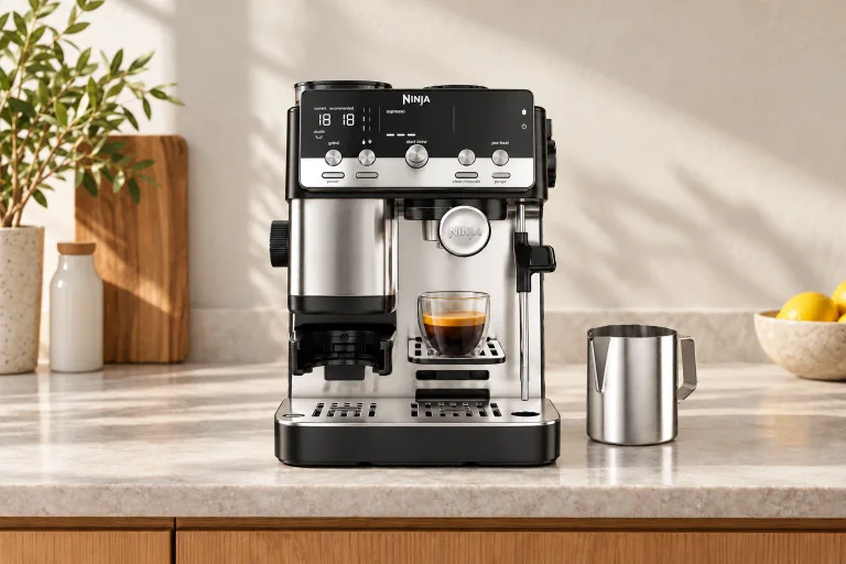 Ninja Mini ES301 on an open stone countertop in a modern oak kitchen