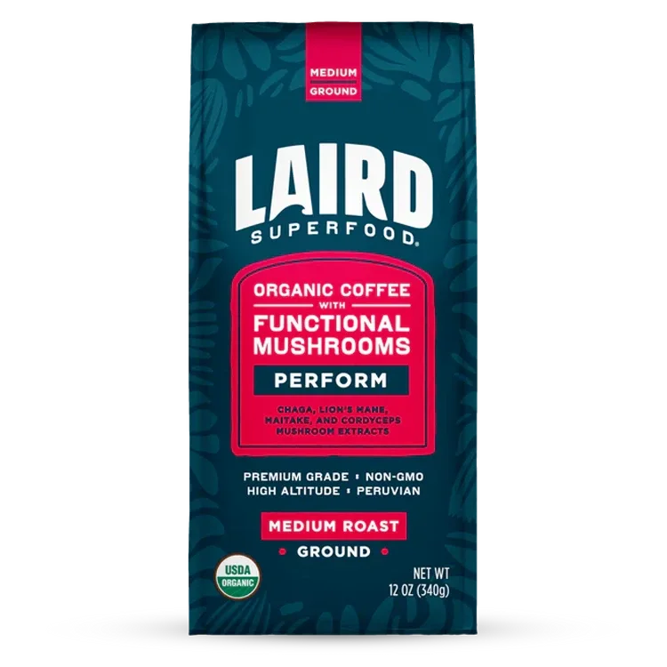 Laird Superfood Organic PERFORM Medium Roast Ground Mushroom Coffee — Medium roast ground coffee with functional mushrooms; 12 oz / 340 g; current gallery packaging