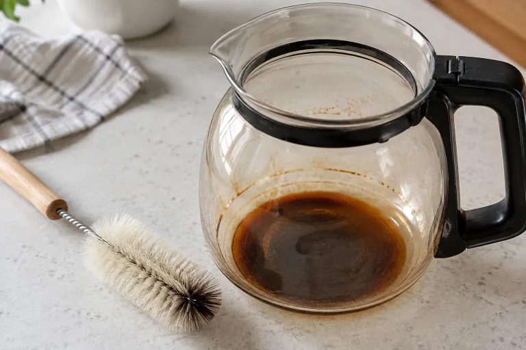 Brown coffee residue visible inside a used glass carafe beside a soft cleaning brush