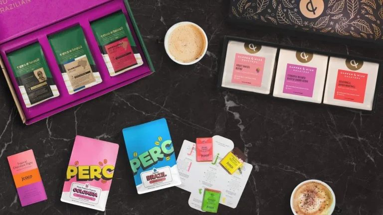 Bean Box coffee gift examples with Casa Brasil and Dapper & Wise sampler boxes, PERC coffee and chocolate