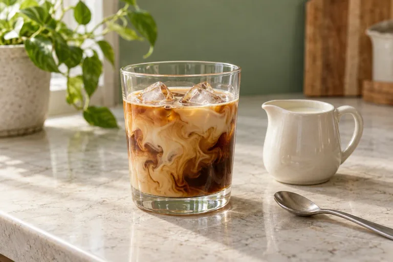 Espresso and half-and-half swirling together over ice in a small glass