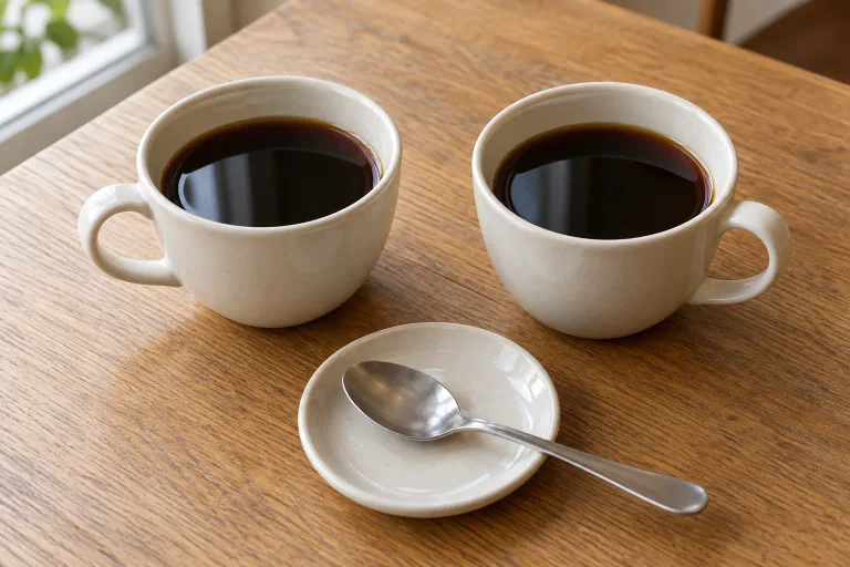 Two small cups of black coffee prepared side by side for a taste comparison