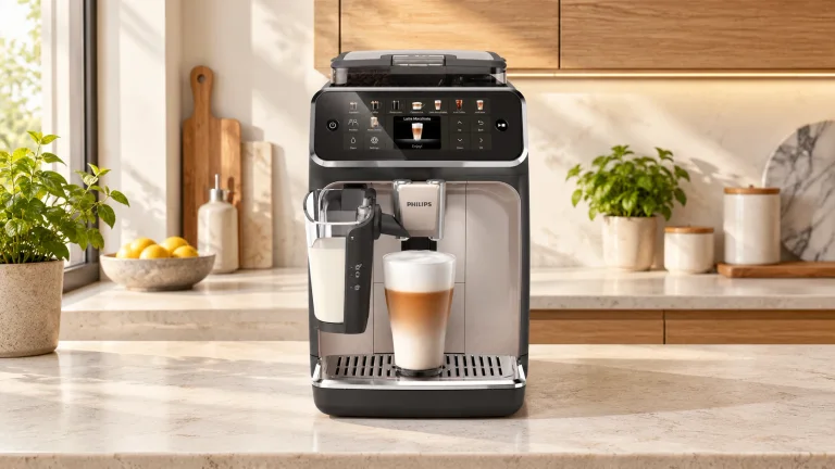 Philips 5500 LatteGo on a stone counter in a modern oak kitchen