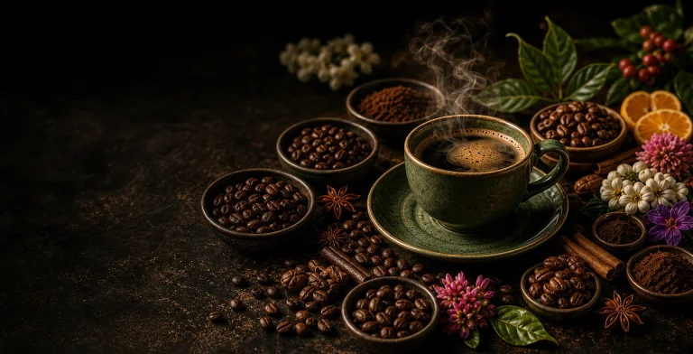 Coffee facts magazine cover with coffee cup, beans, spices, flowers, and coffee cherries