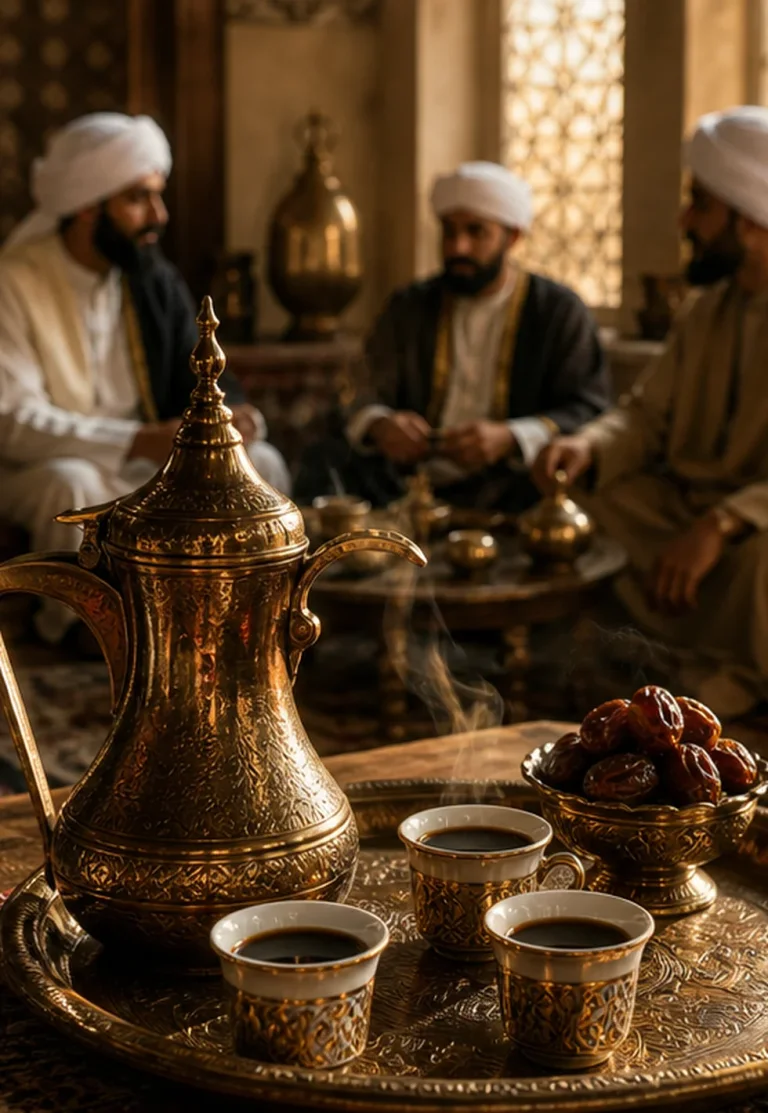 Coffee and divorce folklore: Historic Middle Eastern coffee ritual with ornate tray and small cups