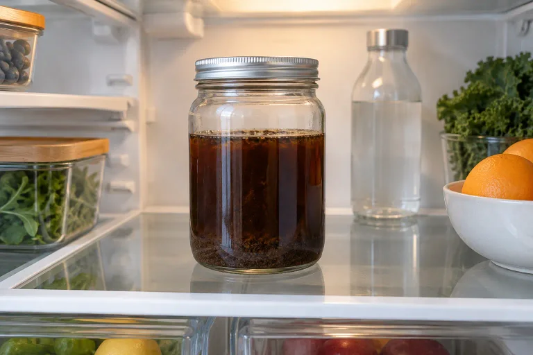 A tightly covered glass jar of steeping cold brew on a refrigerator shelf