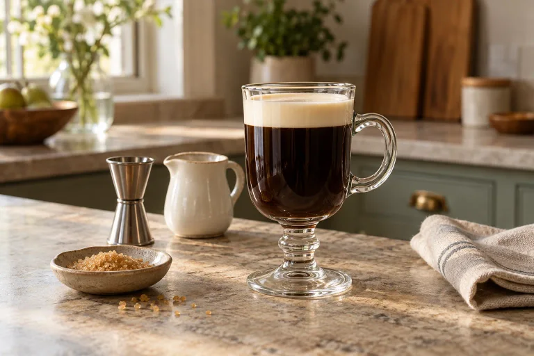 Irish coffee in a handled footed glass with a smooth layer of floating cream