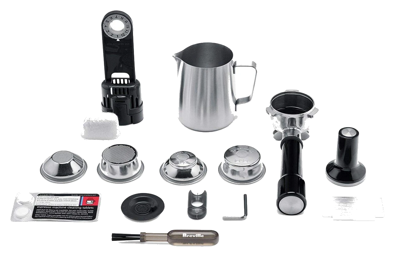 Breville BES870XL Barista Express accessories including portafilter, filters, milk jug, tamper, and cleaning tools