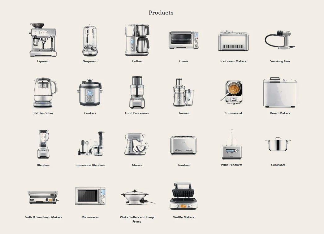 Grid of Breville kitchen appliance products including espresso machines and coffee equipment