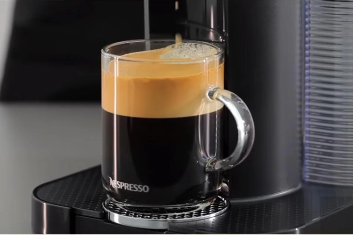 Nespresso VertuoLine espresso with crema in a glass cup
