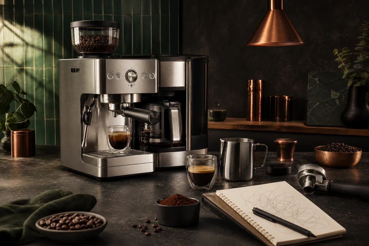 Hybrid espresso and coffee machine review setup with portafilter, milk pitcher, beans, and espresso