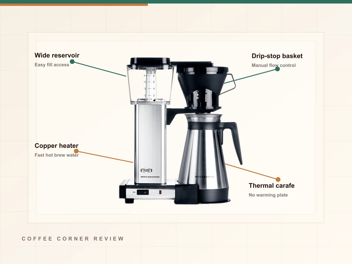 Technivorm Moccamaster KBT 741 coffee maker with clickable feature hotspots